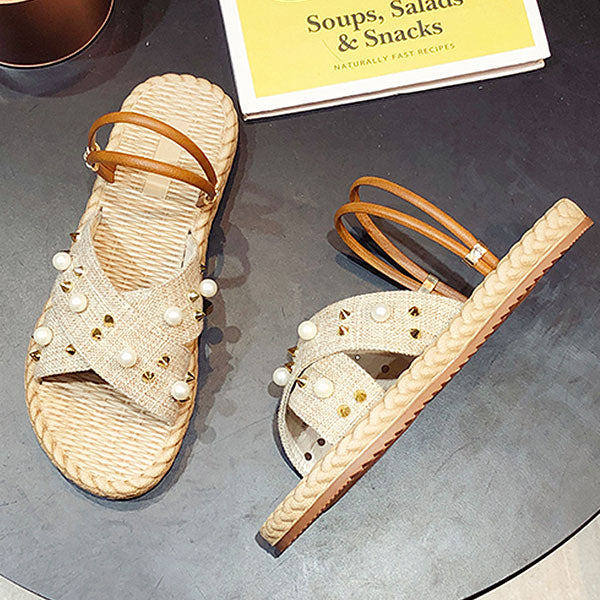 Imitation Pearl Decor Upper Crossed Design Sweet Style Flat Sandals Shoes