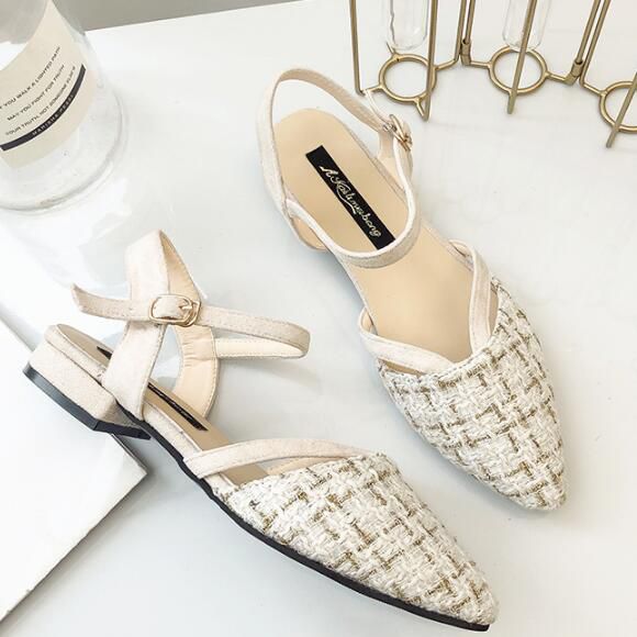 Classic Plaid Pattern Chunky Heel Pointed Toe Buckle Strap Sandals Shoes