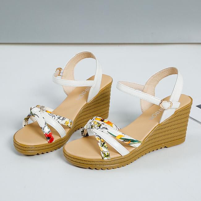 Elegant Flower Print PU Upper Slingback Wedges Heel Sandals Shoes