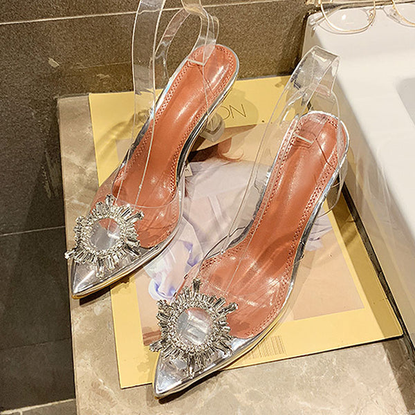 Fashion Round Shape Rhinestone Decor Pointed Toe Stiletto Slippers Shoes