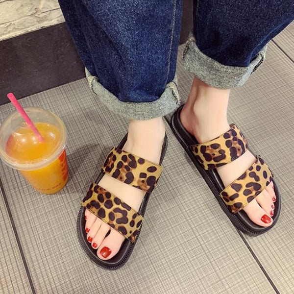 Double Bands Leopard Print Upper Women Outdoor Slippers Shoes