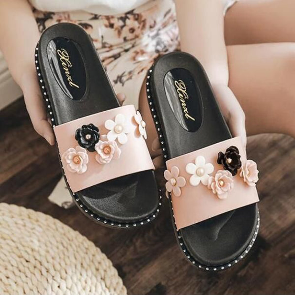 Flower Pattern Rhinestone Decor Platform Slippers Shoes