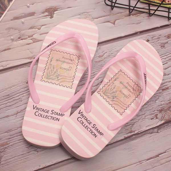 Classic Stripe Print Indoor Anti Skid Bathroom Wear Flat Slippers Shoes