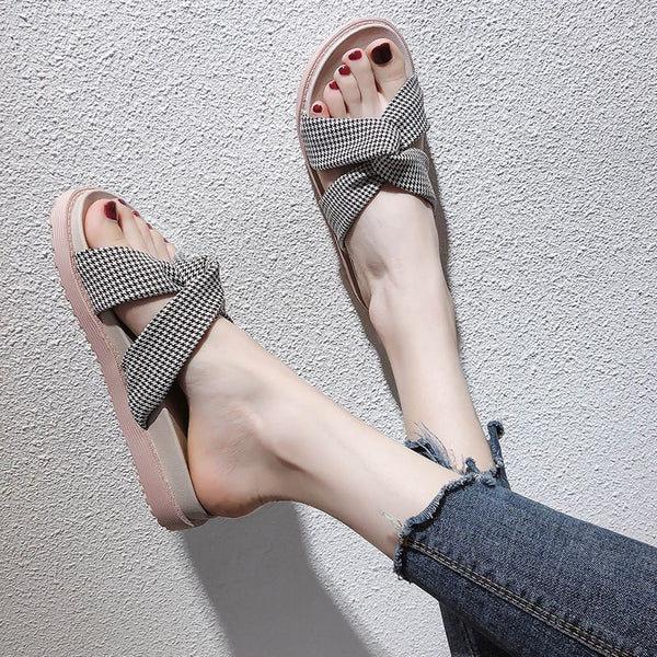 Houndstooth Print Upper Breathable Platform Slippers Shoes