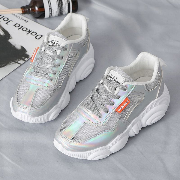 Mesh Hollow Out Lace-up Laser Platform Sneakers Shoes