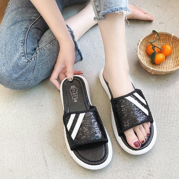 Fashion Sequins Decor Open Toe Outdoor Vacation Style Slippers Shoes