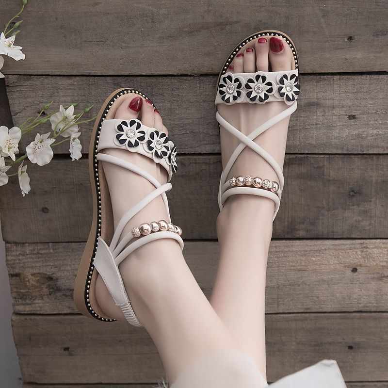 Flower Pattern Crossed Spaghetti Strap Round Toe Slingback Gladiator Shoes