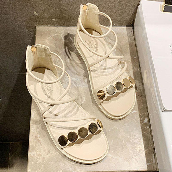 Round Metal Decor Open Toe Covered Heel Zipper Sandals Shoes