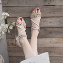 Fashion Plaid Pattern Crossed Strap Beaded Ankle Strap Sandals Shoes