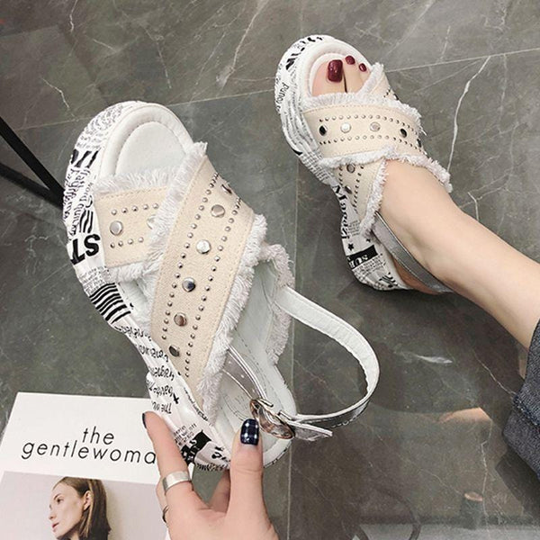 Wide Strap Crossed Fashion Rivet Decor Buckle Ankle Strap Platform Sandals Shoes