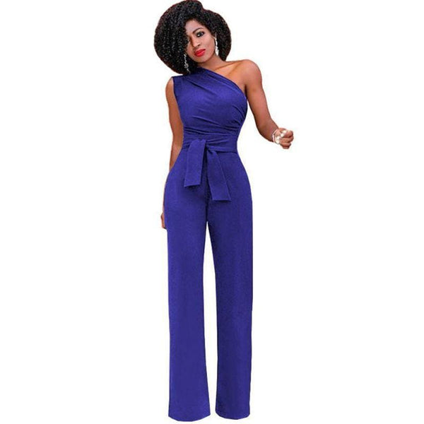 Women Asymmetric One-shoulder Sleeveless Sash Decor Wide-leg Jumpsuits