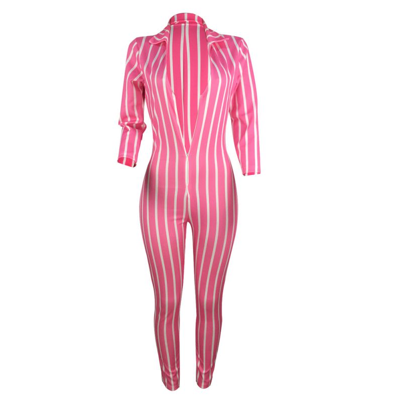 Bright Color Classic Stripes Print Long-sleeve V Neck Sexy Tight Jumpsuits