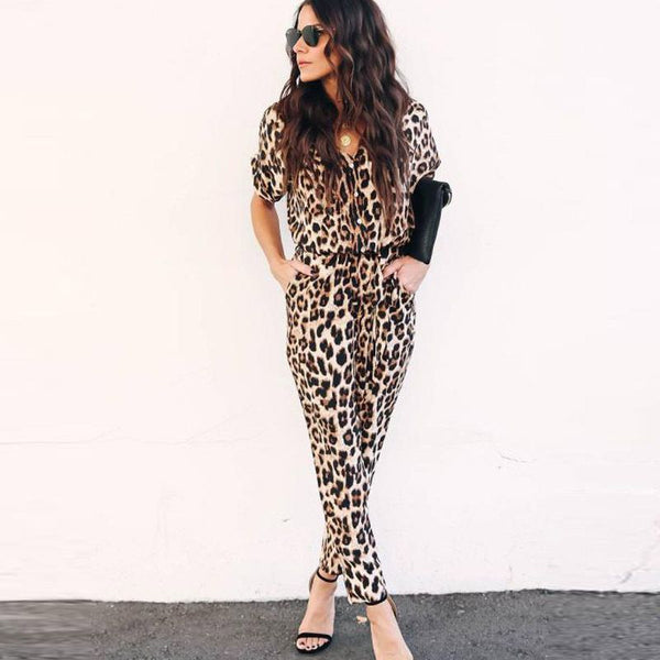 Casual Loose Pattern Short-sleeve Leopard Print Women Jumpsuits