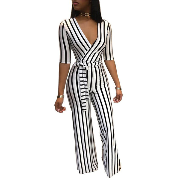 Casual Surplice Pattern Women Half Medium Sleeve Stripes Print Jumpsuits