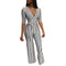 Casual Surplice Pattern Women Half Medium Sleeve Stripes Print Jumpsuits