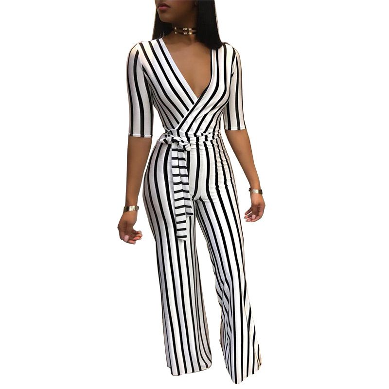 Casual Surplice Pattern Women Half Medium Sleeve Stripes Print Jumpsuits