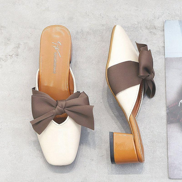 Women Cover Toe Bowknot Pattern Chunky Heel Slippers Shoes