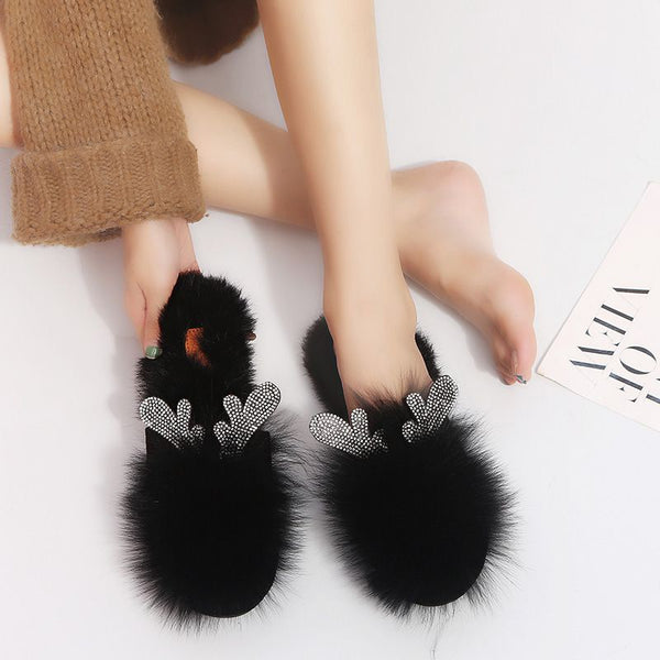 Cute Animal Ear Rhinestone Decor Cover Toe Flat Slippers Shoes