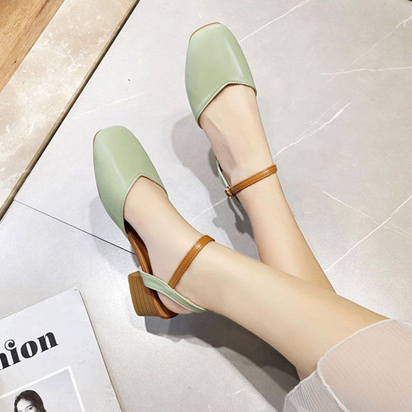 Fashion Square Toe Chunky Heel Buckle Ankle Strap Sandals Shoes