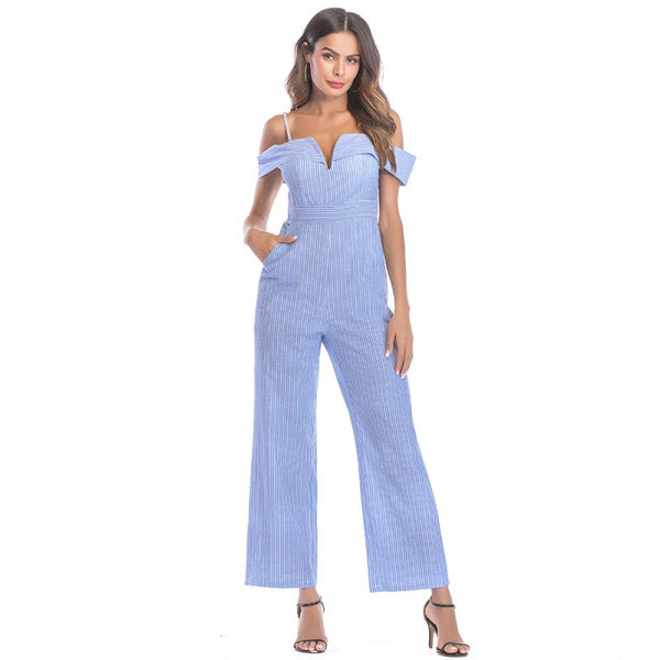 Hot Sale Off-shoulder Spaghetti Strap Stripes Pattern Wide-leg Jumpsuits