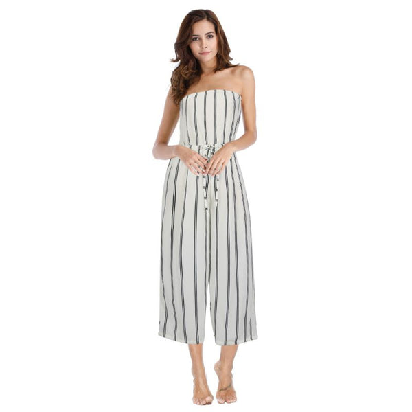 Classic Stripes Print Women Casual Strapless Wide-leg Jumpsuits