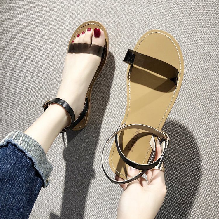 Fashion Simple Transparent Upper Ankle Strap Flat Sandals Shoes