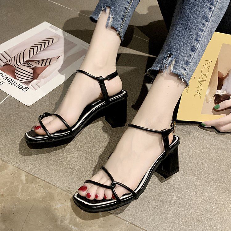 Fashion Simple Square Toe Buckle Strap Chunky High Heels Sandals Shoes