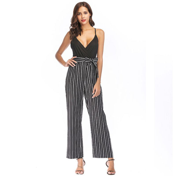 Contrast Stripes Print Women Casual Spaghetti Strap Surplice Jumpsuits