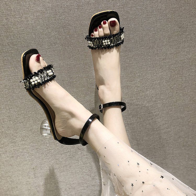 Beaded Sequin Design Open Toe Fashion Crystal Heel Sandals Shoes