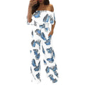 Leaves Printed Women Ruffled Off Shoulder Wide-leg Jumpsuits