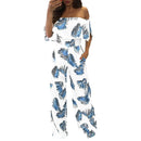 Leaves Printed Women Ruffled Off Shoulder Wide-leg Jumpsuits