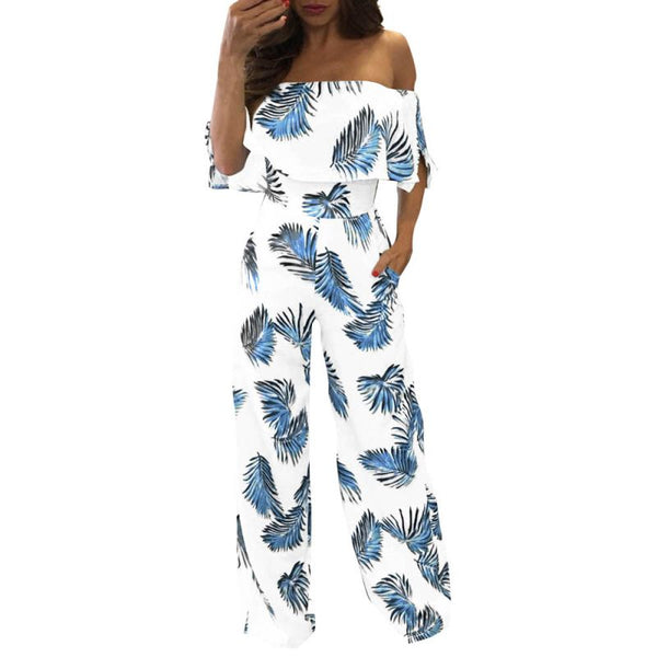 Leaves Printed Women Ruffled Off Shoulder Wide-leg Jumpsuits
