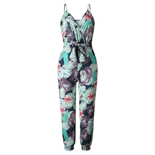 Fashion Tropical Leaf Printed Deep V Neck Surplice Jumpsuits