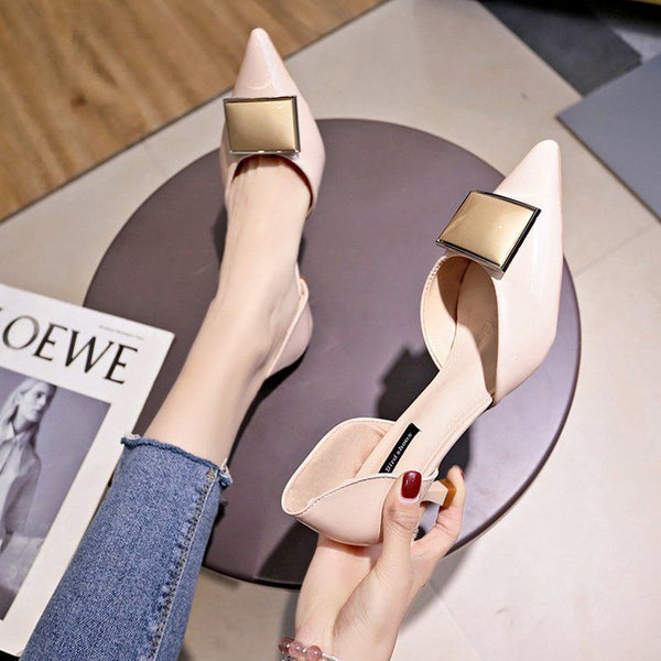 Cover Toe Square Shaped Metal Buckle  Kitten Heel Shoes