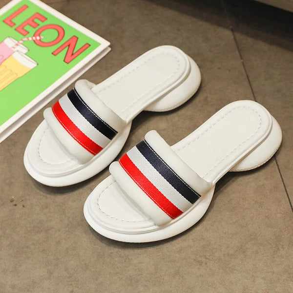 Open Toe Blocking Color Single Wide Strap Platform Slippers Shoes