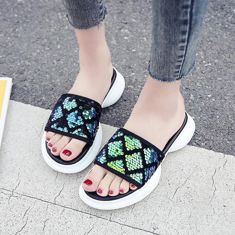 Open Toe Single Wide Strap Sequins Upper Platform Slippers Shoes