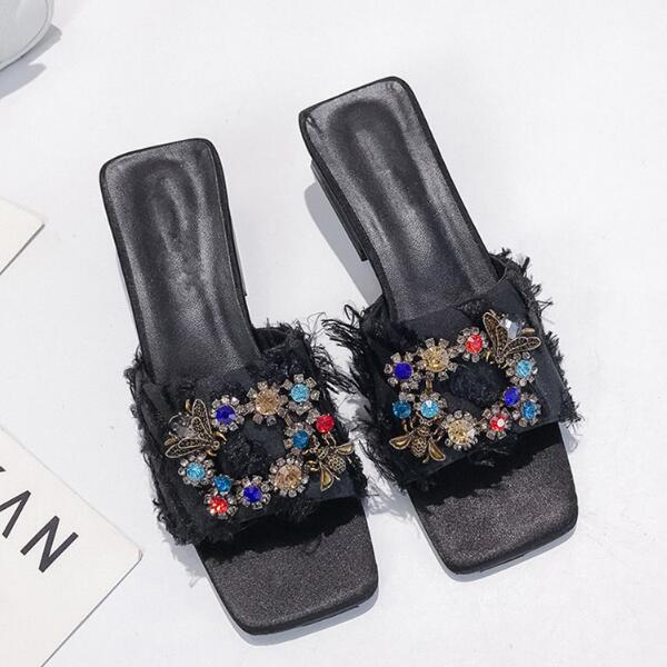 New Arrival Retro Elegant Rhinestone Suede Upper Chunky Heels Slippers Shoes