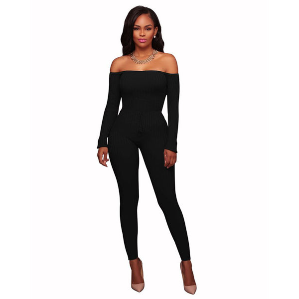 Fashion Good Stretch Women Solid Color Off-shoulder Rib-knit Jumpsuits