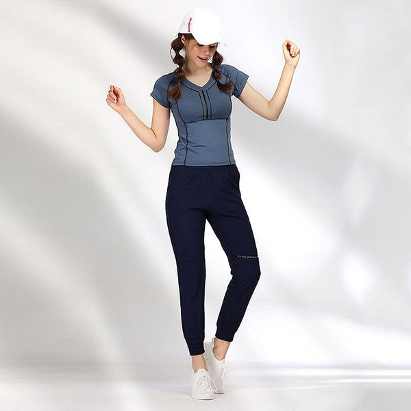 Casual Women Contrast V Neck Tee Drawstring Pants Sports Set