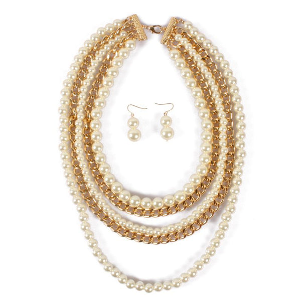 Creative Multilayer Metal Chain Imitation Pearl Exaggerated Necklace Earrings Set