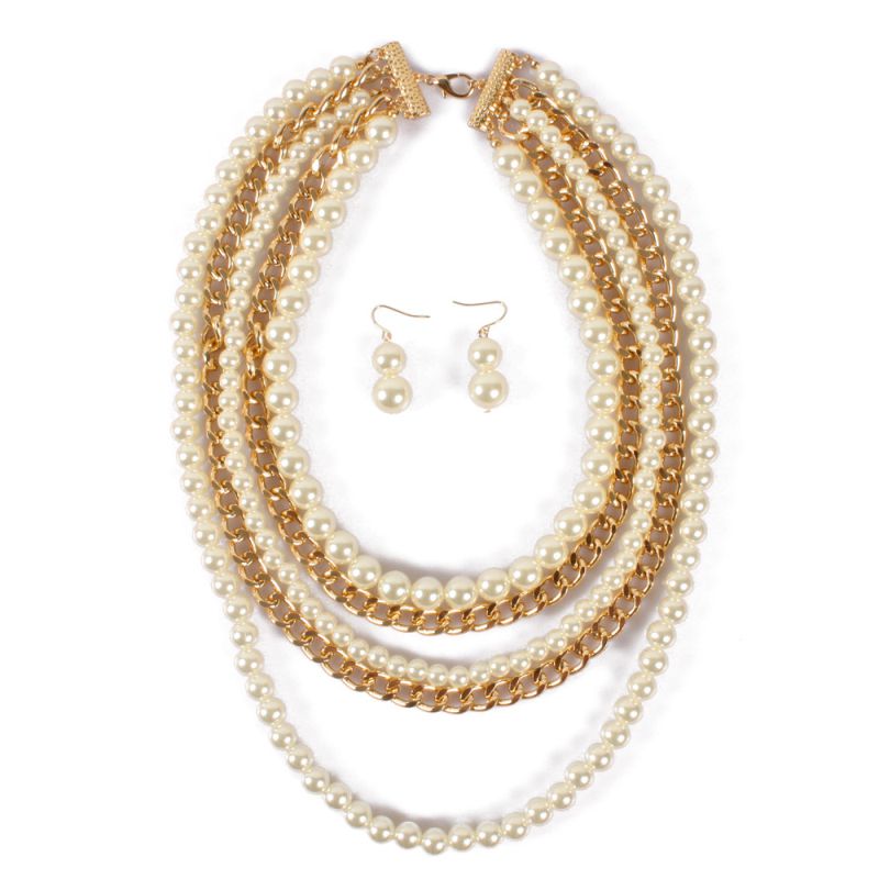 Creative Multilayer Metal Chain Imitation Pearl Exaggerated Necklace Earrings Set