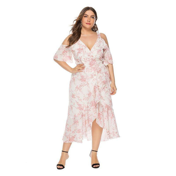 Women Ruffled Sweet Cool-shoulder V Neck Plus Size Wrap Dress