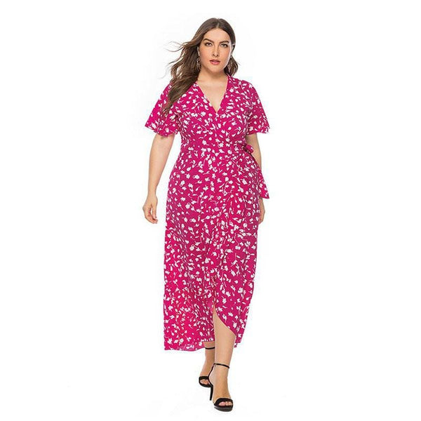 Women Plus Size V Neck Short-sleeve Tiny Flower Printed Wrap Dress