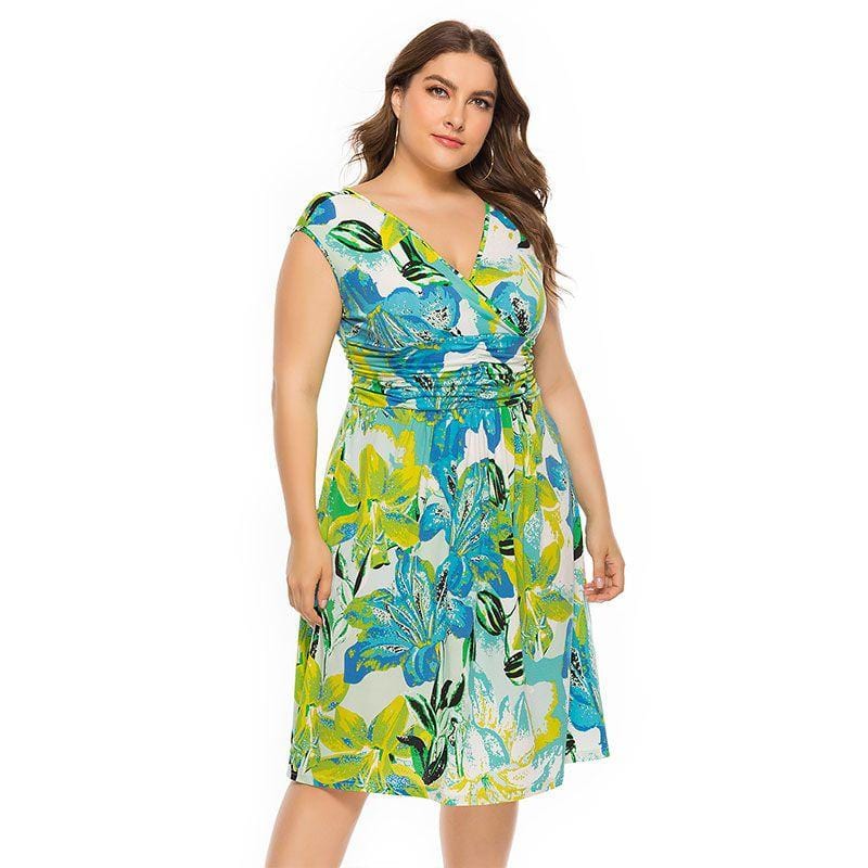 Women Casual Sleeveless V Neck Summer Floral Print Midi Dress