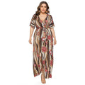 Plus Size Women Casual Ethnic Print V Neck Maxi Wrap Dress