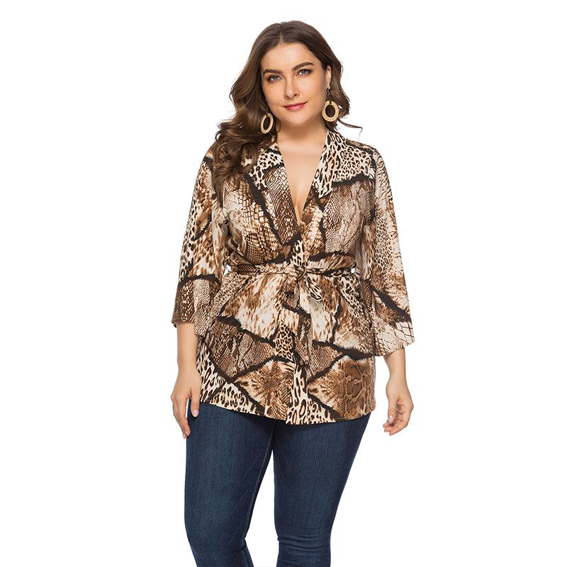 Loose Pattern Women Cropped Sleeve Snakeskin Print Plus Size Surplice Blouse