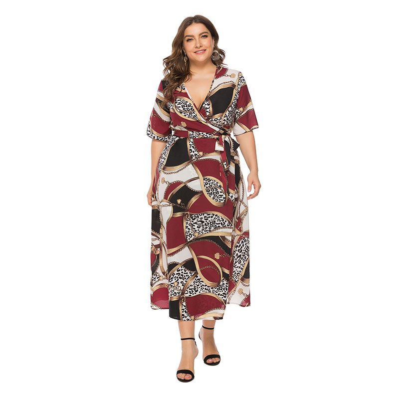 Bohemian Style Women Plus Size Multicolor Chain Print Maxi Wrap Dress