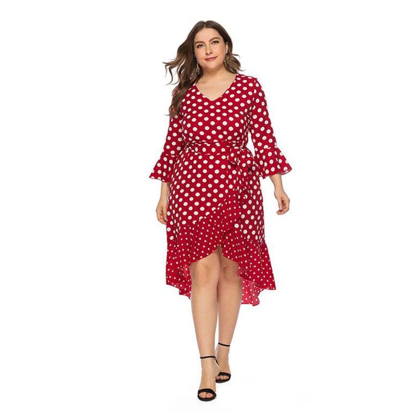 Ruffled Irregular Hemline Women Flare Sleeve Polka Dot Print Midi Dress