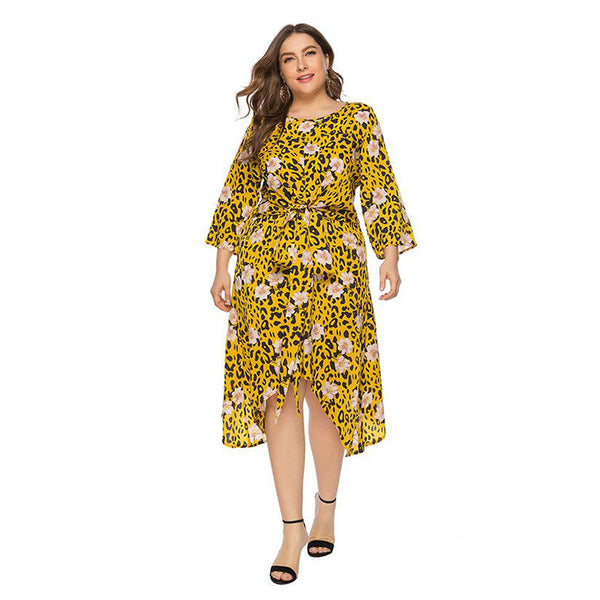 Irregular Hemline Women Long-sleeve Leopard Flower Print Plus Size Dress