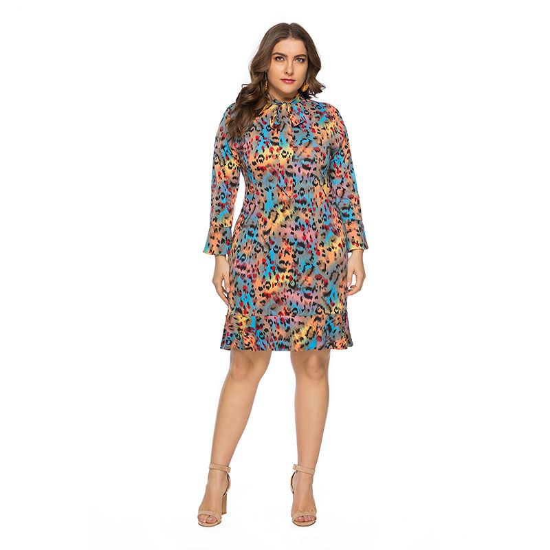 Casual V Neck Long-sleeve Multicolor Leopard Print Flouncing Dress